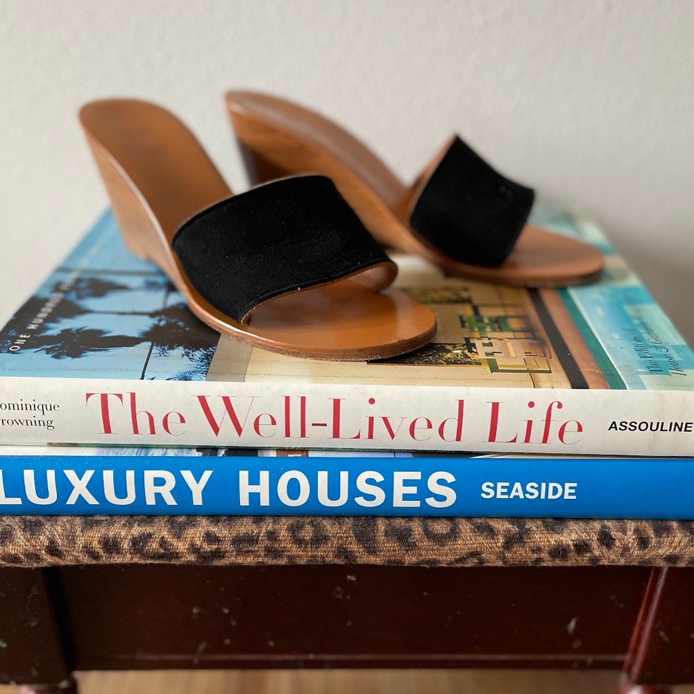 K Jacques Wedge, size 37, black suede with wooden wedge heel